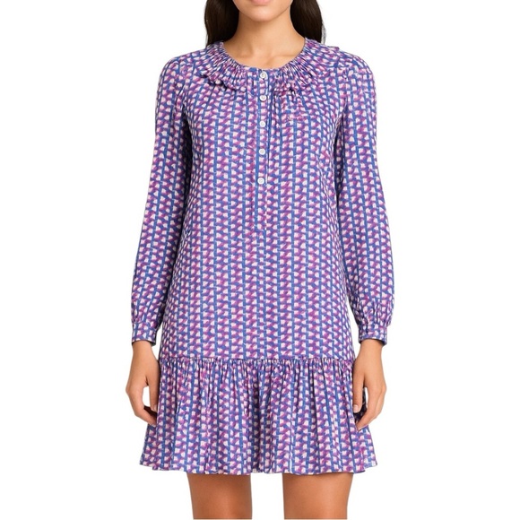 See by Chloé Printed Silk Blend Long Sleeve Ruffled Dress - Pink & Blue - Size 4 - Picture 1 of 14